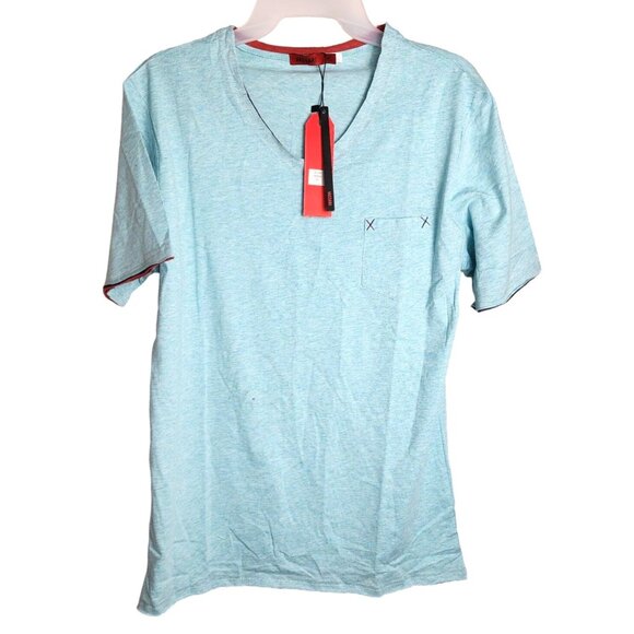 Vassari Los Angeles V-Neck XL Slim Fit Short Sleeve Teal Cut Hem, Cuff Shirt - Picture 1 of 16